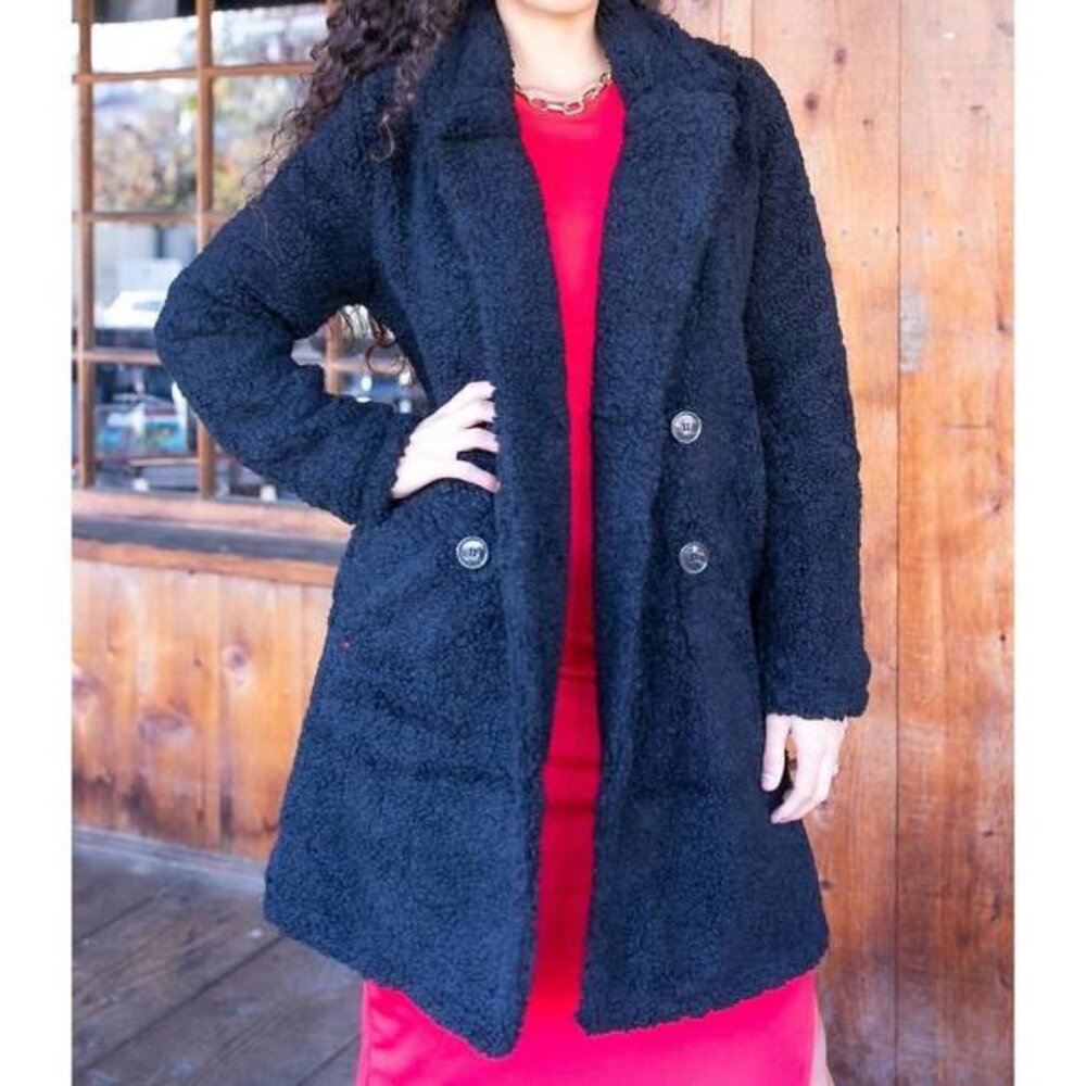 NEW SURELYMINE sugar teddy double breasted faux fur teddy coat in black